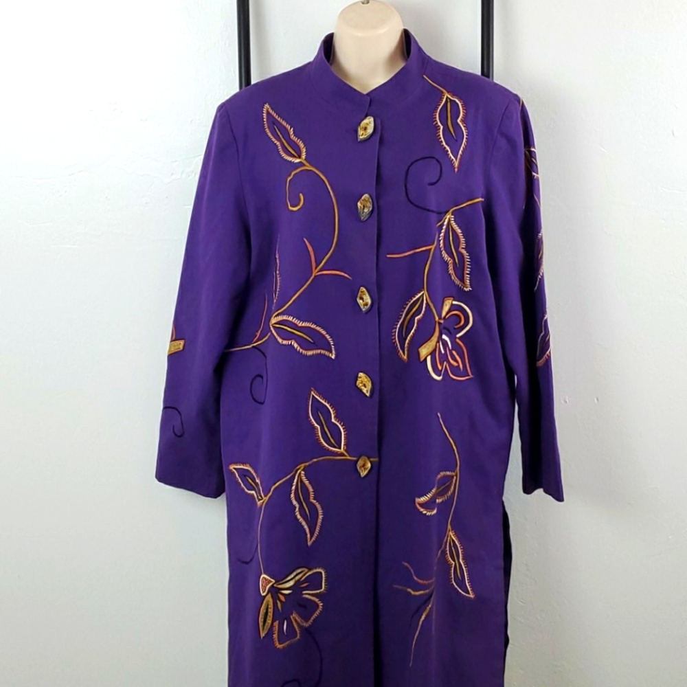Indigo Moon embroidered long jacket buttons up women size L cotton polyester Y2K